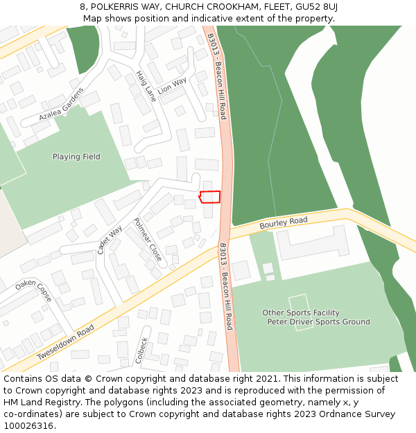 8, POLKERRIS WAY, CHURCH CROOKHAM, FLEET, GU52 8UJ: Location map and indicative extent of plot