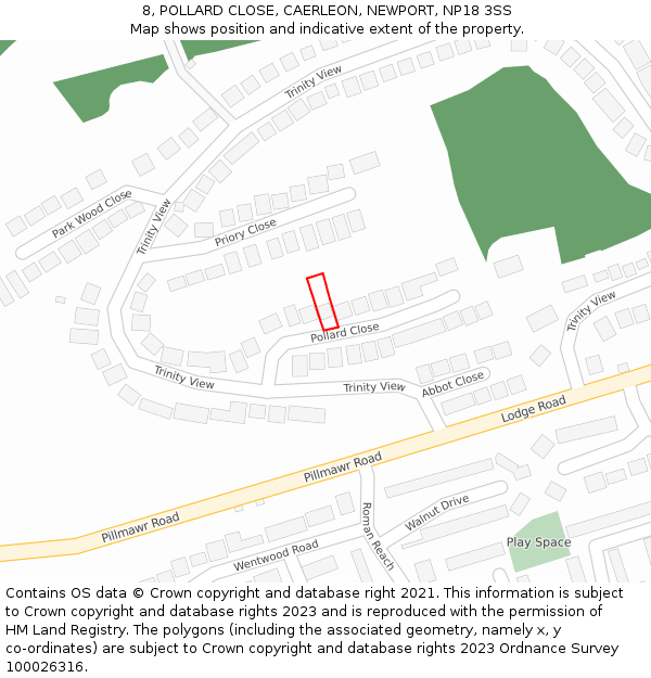 8, POLLARD CLOSE, CAERLEON, NEWPORT, NP18 3SS: Location map and indicative extent of plot