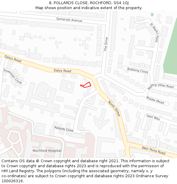 8, POLLARDS CLOSE, ROCHFORD, SS4 1GJ: Location map and indicative extent of plot