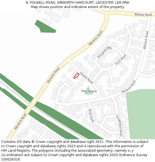 8, POLWELL ROAD, KIBWORTH HARCOURT, LEICESTER, LE8 0RW: Location map and indicative extent of plot