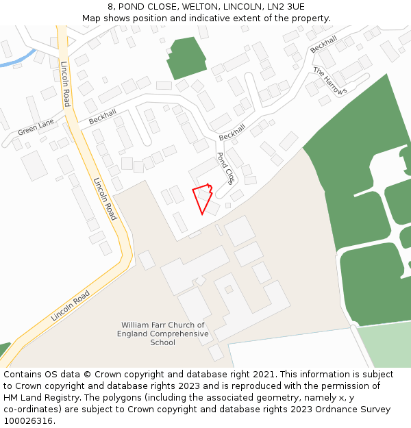 8, POND CLOSE, WELTON, LINCOLN, LN2 3UE: Location map and indicative extent of plot