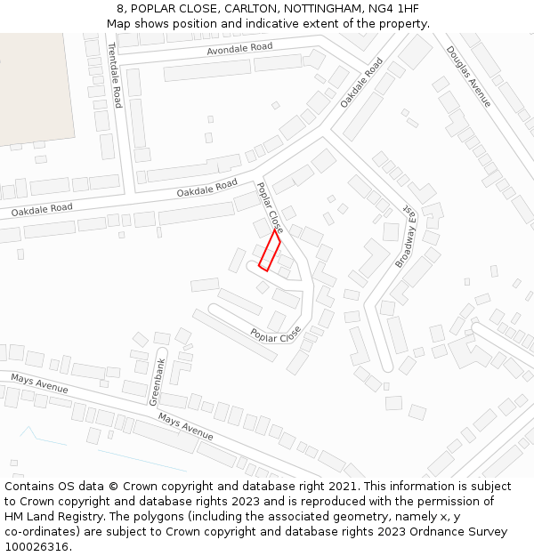 8, POPLAR CLOSE, CARLTON, NOTTINGHAM, NG4 1HF: Location map and indicative extent of plot