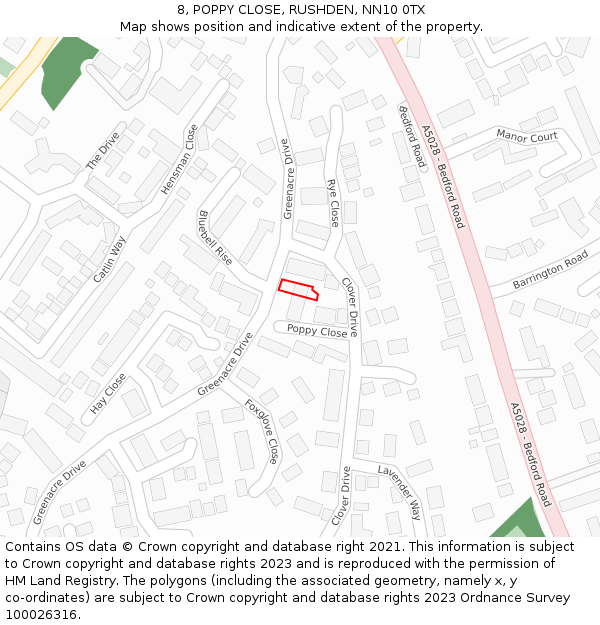 8, POPPY CLOSE, RUSHDEN, NN10 0TX: Location map and indicative extent of plot