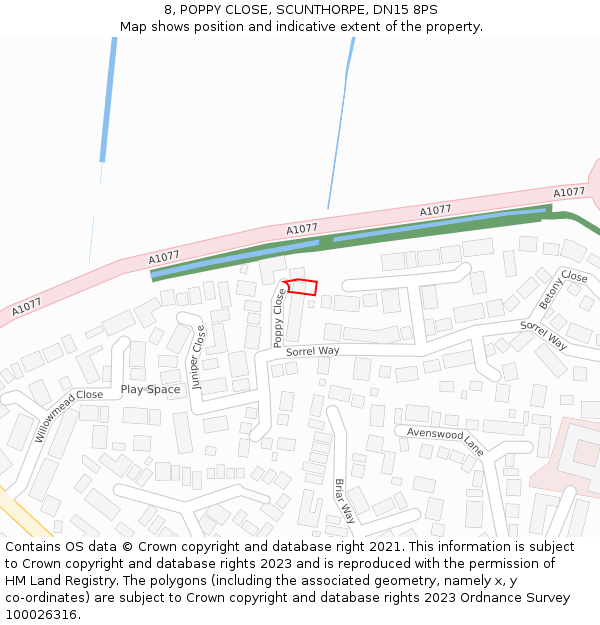 8, POPPY CLOSE, SCUNTHORPE, DN15 8PS: Location map and indicative extent of plot