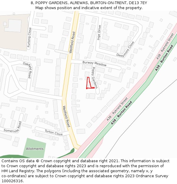 8, POPPY GARDENS, ALREWAS, BURTON-ON-TRENT, DE13 7EY: Location map and indicative extent of plot