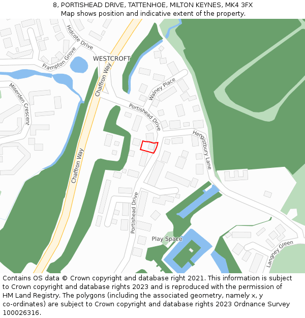 8, PORTISHEAD DRIVE, TATTENHOE, MILTON KEYNES, MK4 3FX: Location map and indicative extent of plot