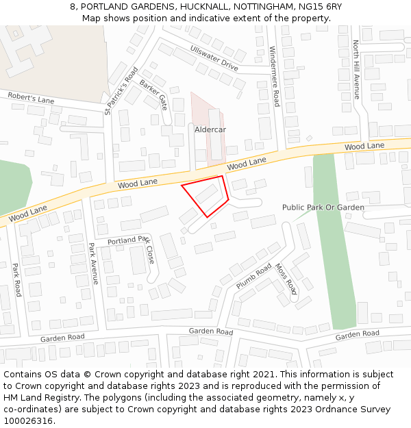 8, PORTLAND GARDENS, HUCKNALL, NOTTINGHAM, NG15 6RY: Location map and indicative extent of plot