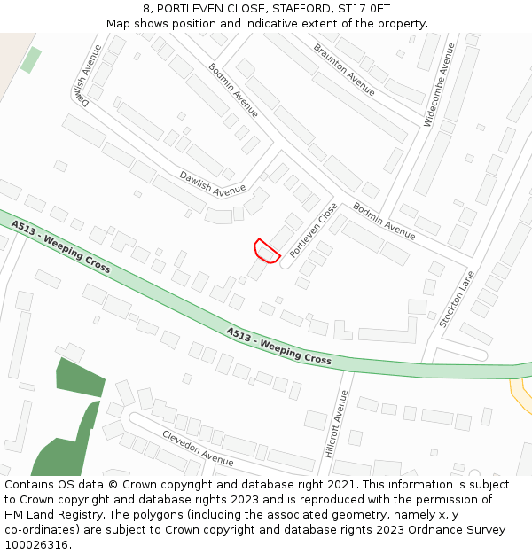 8, PORTLEVEN CLOSE, STAFFORD, ST17 0ET: Location map and indicative extent of plot