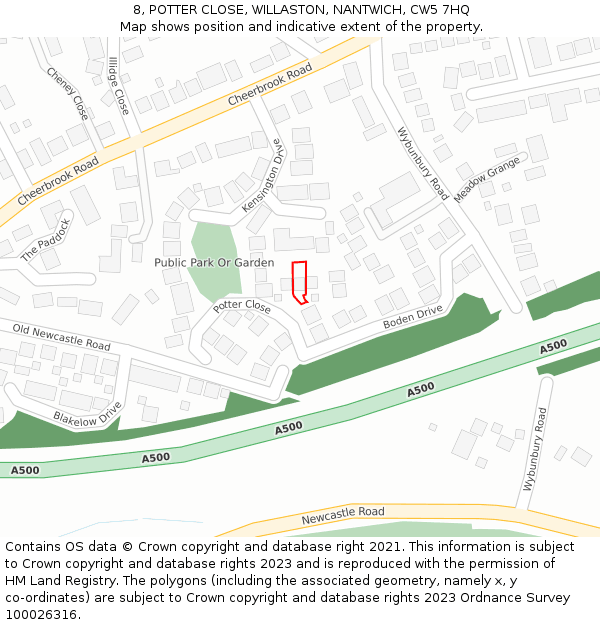 8, POTTER CLOSE, WILLASTON, NANTWICH, CW5 7HQ: Location map and indicative extent of plot