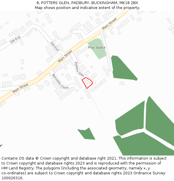 8, POTTERS GLEN, PADBURY, BUCKINGHAM, MK18 2BX: Location map and indicative extent of plot
