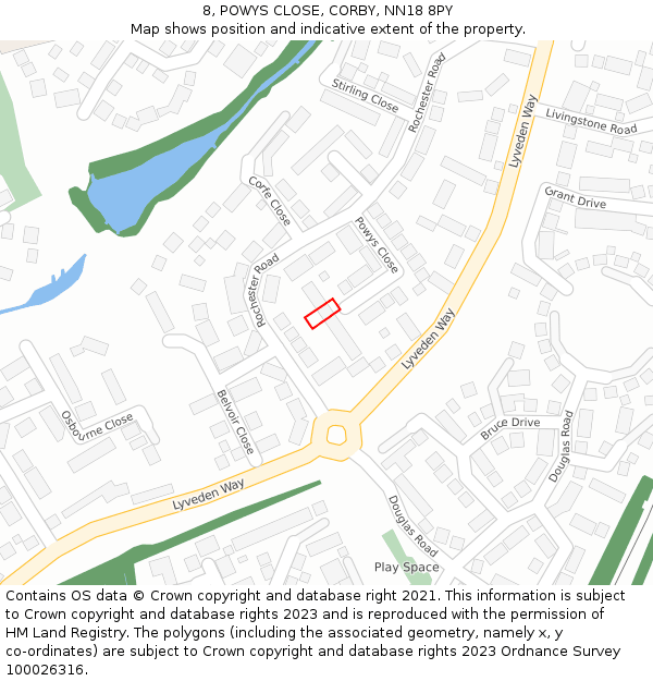 8, POWYS CLOSE, CORBY, NN18 8PY: Location map and indicative extent of plot