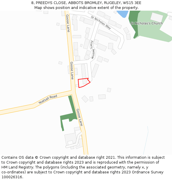 8, PREEDYS CLOSE, ABBOTS BROMLEY, RUGELEY, WS15 3EE: Location map and indicative extent of plot