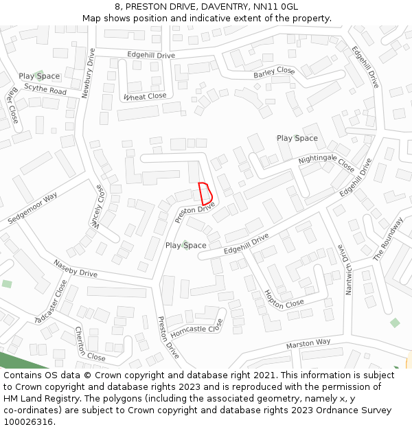 8, PRESTON DRIVE, DAVENTRY, NN11 0GL: Location map and indicative extent of plot