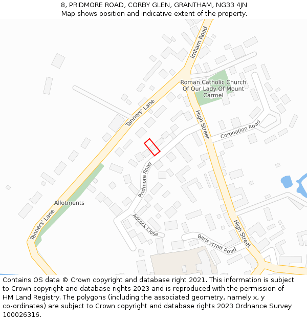 8, PRIDMORE ROAD, CORBY GLEN, GRANTHAM, NG33 4JN: Location map and indicative extent of plot