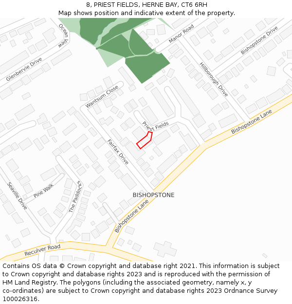 8, PRIEST FIELDS, HERNE BAY, CT6 6RH: Location map and indicative extent of plot