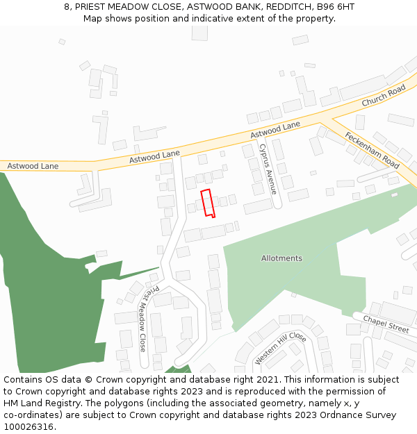 8, PRIEST MEADOW CLOSE, ASTWOOD BANK, REDDITCH, B96 6HT: Location map and indicative extent of plot