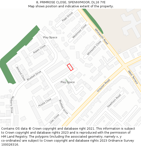 8, PRIMROSE CLOSE, SPENNYMOOR, DL16 7YE: Location map and indicative extent of plot