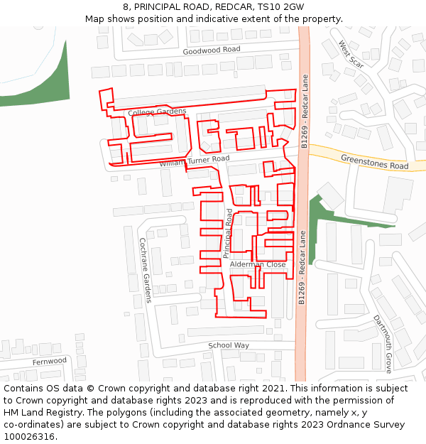 8, PRINCIPAL ROAD, REDCAR, TS10 2GW: Location map and indicative extent of plot