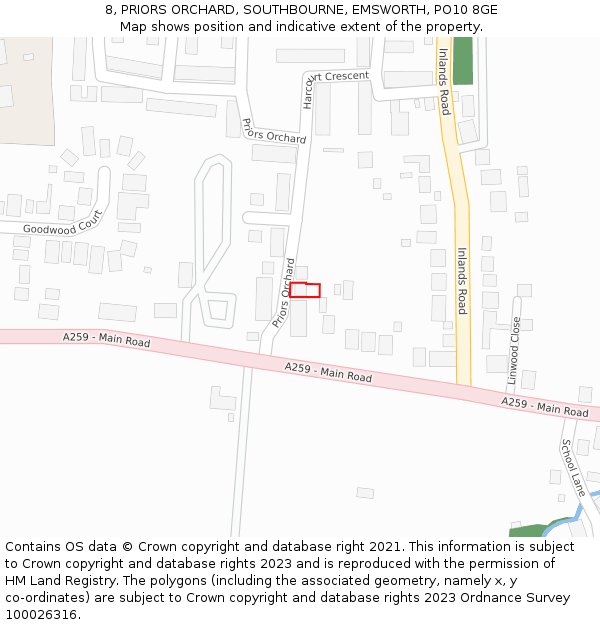 8, PRIORS ORCHARD, SOUTHBOURNE, EMSWORTH, PO10 8GE: Location map and indicative extent of plot