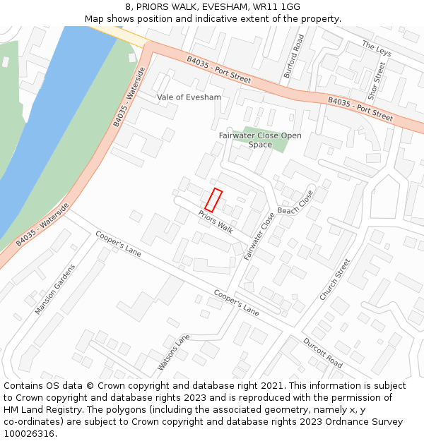 8, PRIORS WALK, EVESHAM, WR11 1GG: Location map and indicative extent of plot