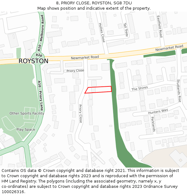 8, PRIORY CLOSE, ROYSTON, SG8 7DU: Location map and indicative extent of plot