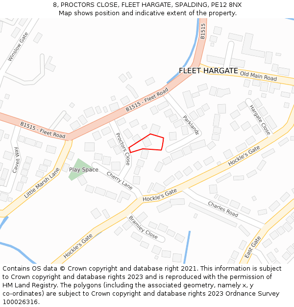 8, PROCTORS CLOSE, FLEET HARGATE, SPALDING, PE12 8NX: Location map and indicative extent of plot