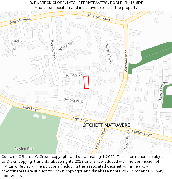 8, PURBECK CLOSE, LYTCHETT MATRAVERS, POOLE, BH16 6DE: Location map and indicative extent of plot