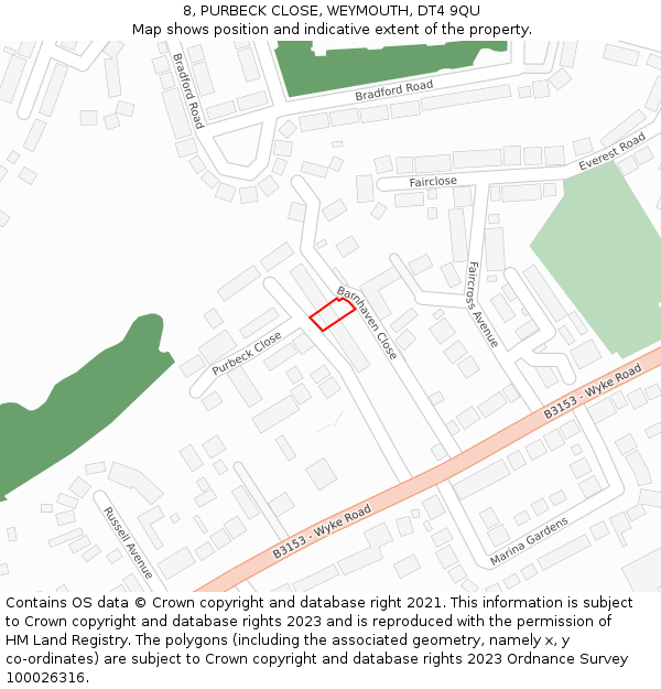 8, PURBECK CLOSE, WEYMOUTH, DT4 9QU: Location map and indicative extent of plot