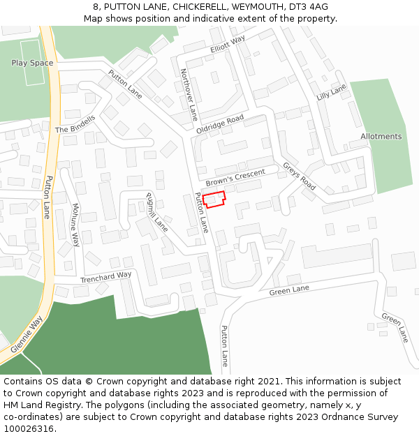 8, PUTTON LANE, CHICKERELL, WEYMOUTH, DT3 4AG: Location map and indicative extent of plot