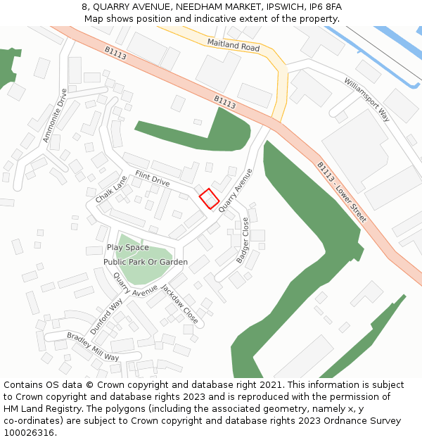 8, QUARRY AVENUE, NEEDHAM MARKET, IPSWICH, IP6 8FA: Location map and indicative extent of plot