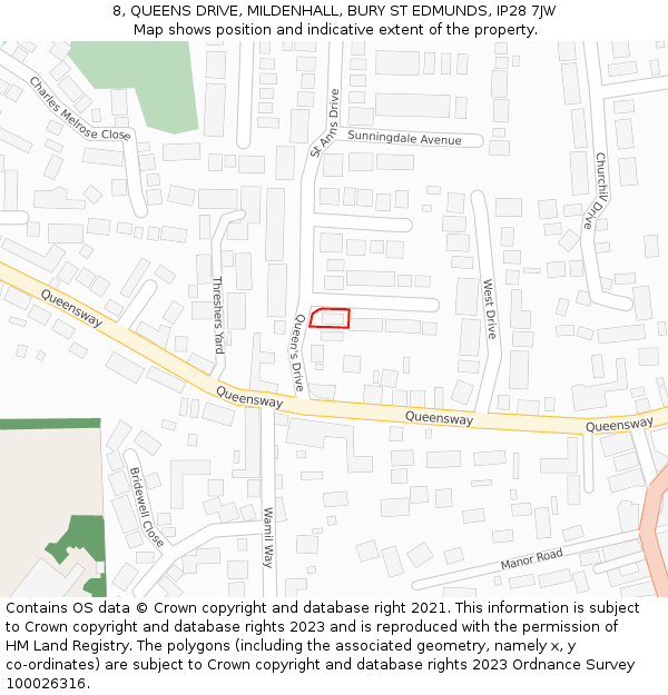 8, QUEENS DRIVE, MILDENHALL, BURY ST EDMUNDS, IP28 7JW: Location map and indicative extent of plot