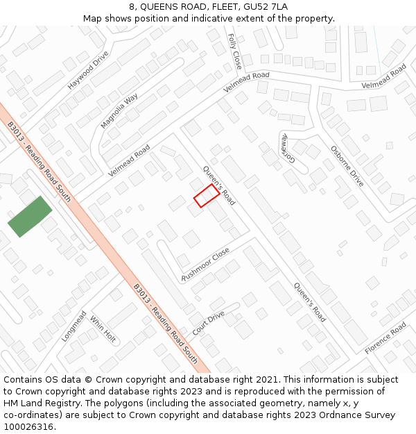 8, QUEENS ROAD, FLEET, GU52 7LA: Location map and indicative extent of plot