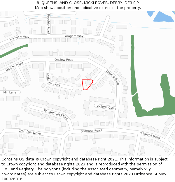 8, QUEENSLAND CLOSE, MICKLEOVER, DERBY, DE3 9JP: Location map and indicative extent of plot