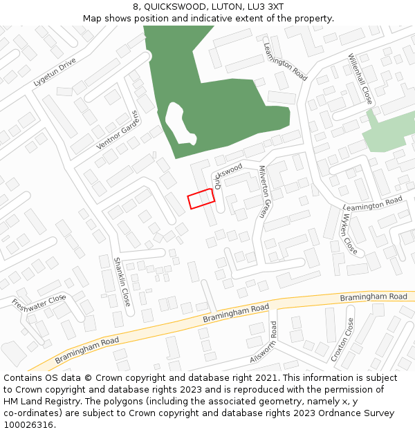 8, QUICKSWOOD, LUTON, LU3 3XT: Location map and indicative extent of plot