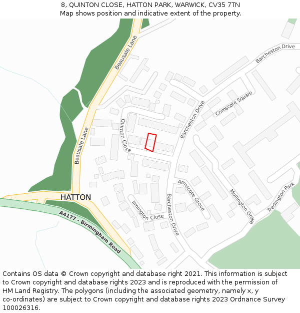 8, QUINTON CLOSE, HATTON PARK, WARWICK, CV35 7TN: Location map and indicative extent of plot