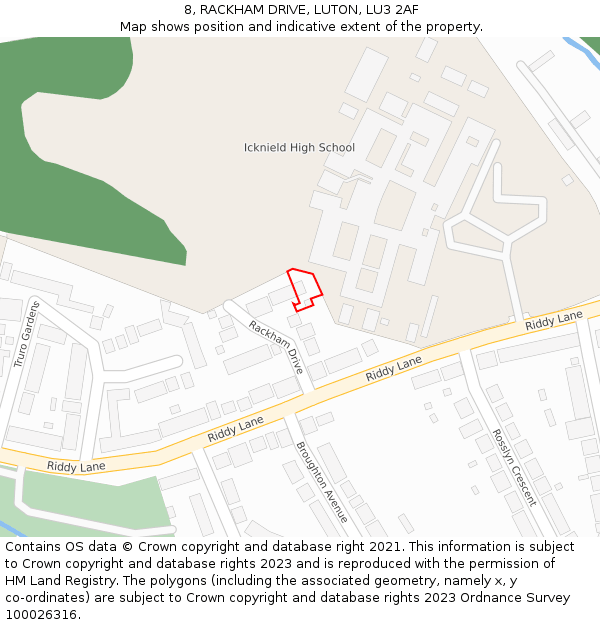 8, RACKHAM DRIVE, LUTON, LU3 2AF: Location map and indicative extent of plot