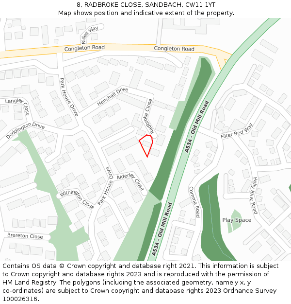 8, RADBROKE CLOSE, SANDBACH, CW11 1YT: Location map and indicative extent of plot