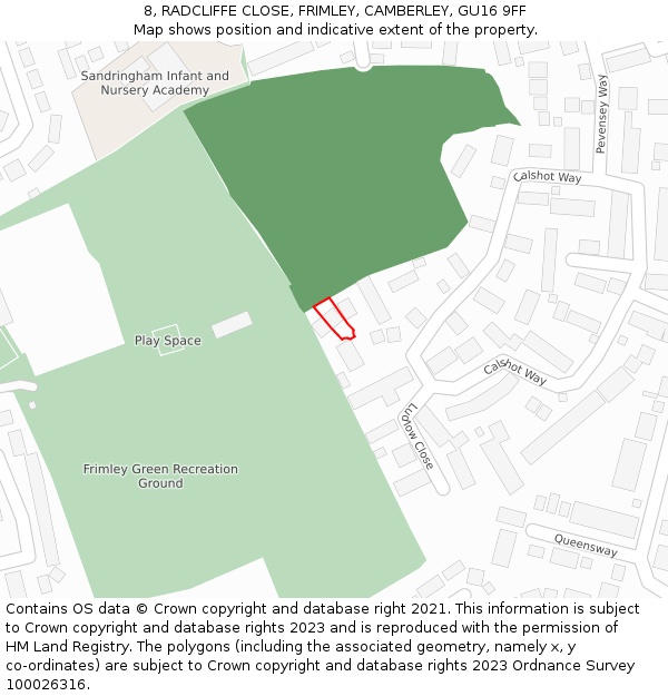 8, RADCLIFFE CLOSE, FRIMLEY, CAMBERLEY, GU16 9FF: Location map and indicative extent of plot