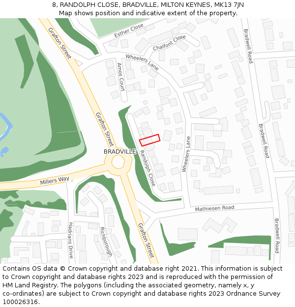 8, RANDOLPH CLOSE, BRADVILLE, MILTON KEYNES, MK13 7JN: Location map and indicative extent of plot