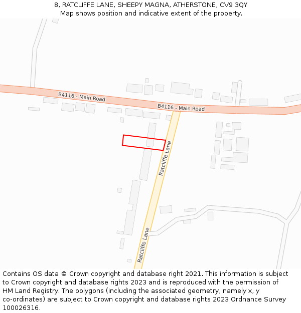 8, RATCLIFFE LANE, SHEEPY MAGNA, ATHERSTONE, CV9 3QY: Location map and indicative extent of plot