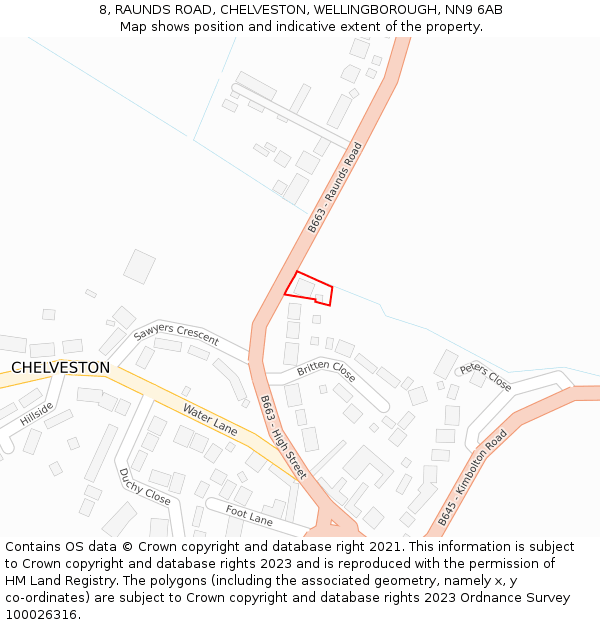 8, RAUNDS ROAD, CHELVESTON, WELLINGBOROUGH, NN9 6AB: Location map and indicative extent of plot