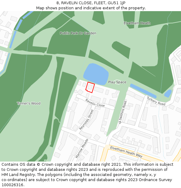 8, RAVELIN CLOSE, FLEET, GU51 1JP: Location map and indicative extent of plot