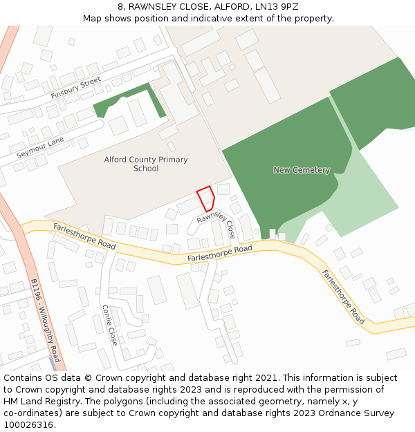 8, RAWNSLEY CLOSE, ALFORD, LN13 9PZ: Location map and indicative extent of plot