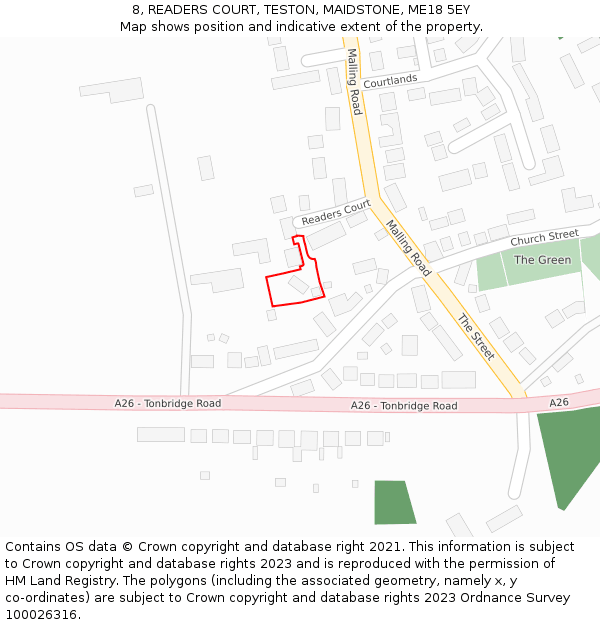 8, READERS COURT, TESTON, MAIDSTONE, ME18 5EY: Location map and indicative extent of plot