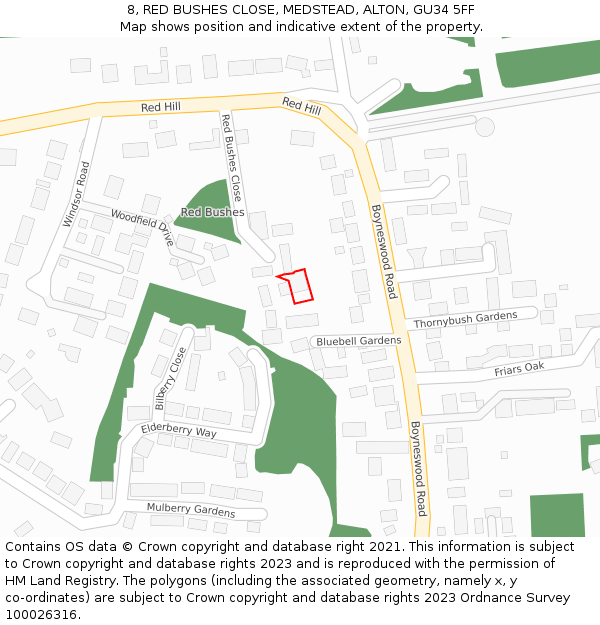 8, RED BUSHES CLOSE, MEDSTEAD, ALTON, GU34 5FF: Location map and indicative extent of plot