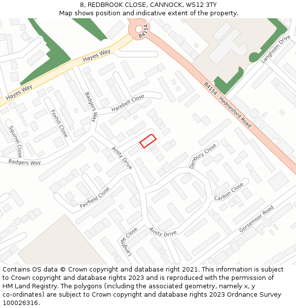 8, REDBROOK CLOSE, CANNOCK, WS12 3TY: Location map and indicative extent of plot