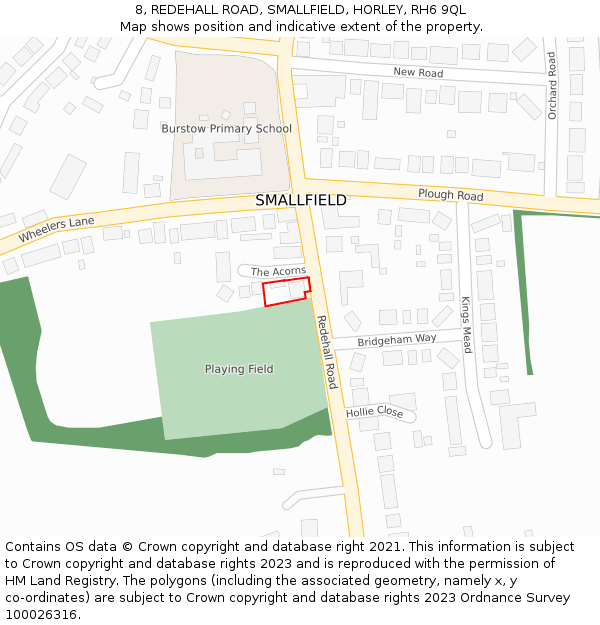 8, REDEHALL ROAD, SMALLFIELD, HORLEY, RH6 9QL: Location map and indicative extent of plot