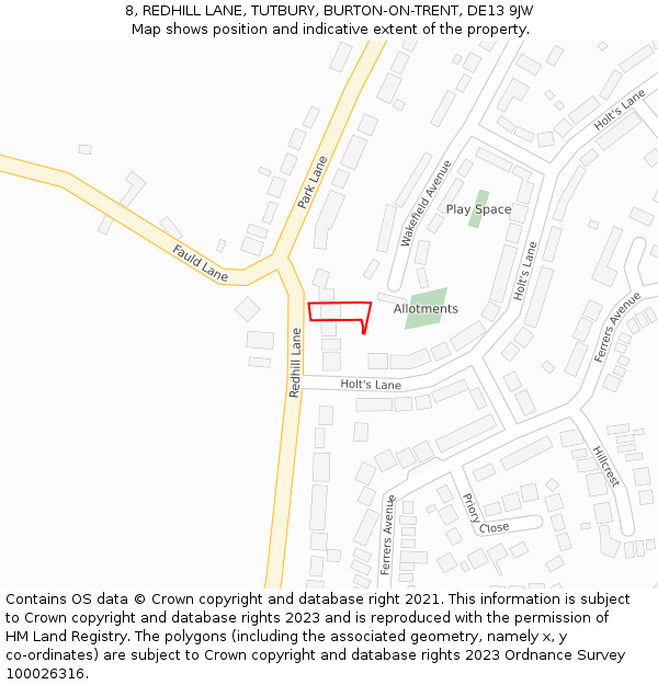 8, REDHILL LANE, TUTBURY, BURTON-ON-TRENT, DE13 9JW: Location map and indicative extent of plot