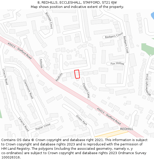 8, REDHILLS, ECCLESHALL, STAFFORD, ST21 6JW: Location map and indicative extent of plot