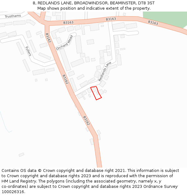 8, REDLANDS LANE, BROADWINDSOR, BEAMINSTER, DT8 3ST: Location map and indicative extent of plot